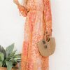 Women's Orange Boho Floral Wrap V Neck Tie Long Sleeve Dress