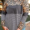 Leopard Plus Size Cow/Leopard Stripes Patchwork Long Sleeve Tee