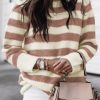 Brown Striped Round Neck Casual Sweater