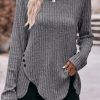 Gray Buttoned Hem Ribbed Long Sleeve Top