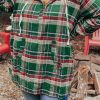 Green Plus Size Plaid Drawstring Hoodie With Kangaroo Pocket