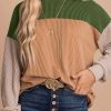 Green Color Block Long Sleeve Ribbed Loose Top