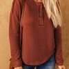 Women's Brown Exposed Seam Drop Shoulder Henley Top