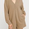 Khaki Brushed Ribbed Button Split V Neck Long Sleeve Romper