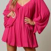 Women's Seductive Rosy Billowy Sleeve Gathered Babydoll Mini Dress