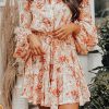 Women's Orange Bubble Sleeve Cinched Waist Floral Dress