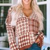 Women's Brown Mixed Pattern V-Neck Oversized Sweater