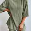 Green Plain Ribbed Loose Fit Two Piece Lounge Set