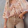 Brown Drawstring Neckline 3/4 Sleeve Printed Blouse