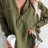 Green Crinkle Long Sleeve Distressed Split Henley Top