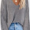 Gray Waffle Knit V Neck Long Sleeve Loose Tunic Top