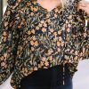 Women's Black Plus Size Split Neck Ruffled Bubble Sleeve Floral Blouse