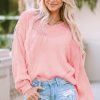 Pink V-Neck Long Sleeve Cable Knit Sweater