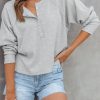 Women's Gray Waffle Knit Side Split Buttoned Henley Top