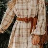 Women's Khaki Western Plaid Button Up Loose Shirt Dress