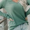 Green Ribbed V Neck Long Sleeve Top