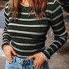 Green Striped Print Ribbed Knit Slim Fit Top