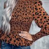 Brown Leopard Smocked Puff Sleeve Peplum Top