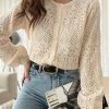 Women's Apricot Hollowed Pattern Knit Round Neck Buttoned Cardigan