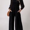 Black Smocked Square Neck Long Sleeve Wide Leg Jumpsuit