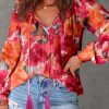 Red Floral Print Split Neck Tassel Tie Blouse