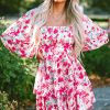 Women's Elegant Pink Ruffle Tiered High Waist Puff Sleeve Floral Dress