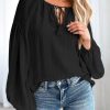 Black Lantern Sleeve Stripe Tassel Drawstring Blouse