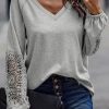 Gray Crochet Lace Patch Raglan Sleeve Top