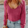 Rose U Neck Textured Long Sleeve Top