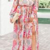 Women's Elegant Multicolor Tropical Palm Print Tie High Waist Plus Size Maxi Dress