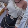 Women's Khaki Sequin Patchwork V Neck Long Sleeve Top