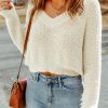 White Cropped V Neck Fuzzy Sweater