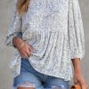 White Retro Floral Printed 3/4 Puff Sleeve Blouse