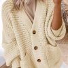 Women's Beige Chunky Textured Knit V Neck Cardigan With Pockets