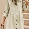 Women's Apricot Textured Roll-Up Sleeve Button Front Dress