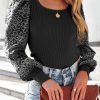 Black Flower Puff Sleeve Ribbed Knit Top