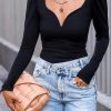 Black Solid Sweetheart Neck Long Sleeve Bodysuit