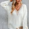 White Cable Puff Sleeve Lace V Neck Sweater