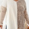 Women's Gray Plus Size Leopard Patchwork Mix Knit Long Sleeve Top