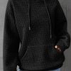 Women's Black Lattice Textured Kangaroo Pocket Drawstring Hoodie