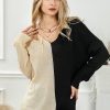 Women's Khaki 2-Tone Color Block Raw Edge V Neck Sweater