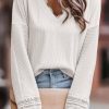 White Ribbed Texture Lace Trim V Neck Long Sleeve Top