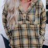 Khaki Plaid Button Neck Pocketed Pullover Hoodie