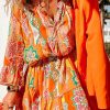 Women's Orange Boho Geometric Print Buttoned V Neck Mini Dress