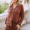 Women's Casual Brown Contrast Pipings Long Sleeve Shorts Pajamas Set