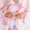 Pink Abstract Print Balloon Sleeve V-Neck Blouse