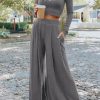 Gray Solid Color Ribbed Crop Top Long Pants Set