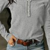 Gray Trimmed Neckline Waffle Knit Henley Top