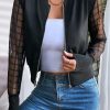 Women's Black Latticed Mesh Sleeve Zip Up Bomber Jacket