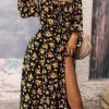 Women's Elegant Black Floral Tie Square Neck Puff Sleeve Slit Dress